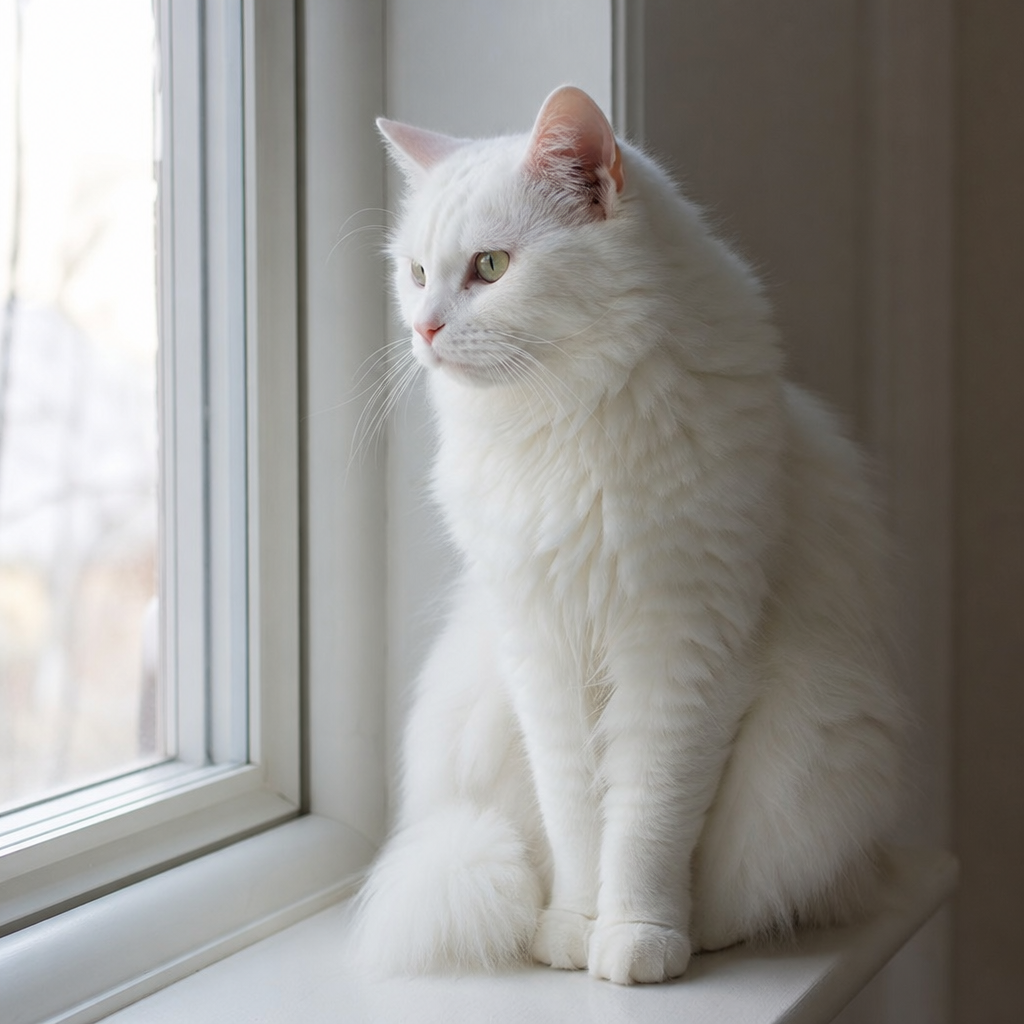 A realistic white cat sitting by the window in soft natural light.